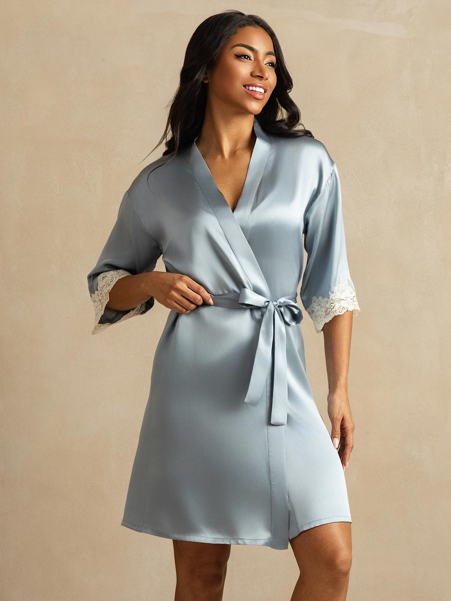 [Gråblå] SilkSilky-DK Silke Womens Robe 001