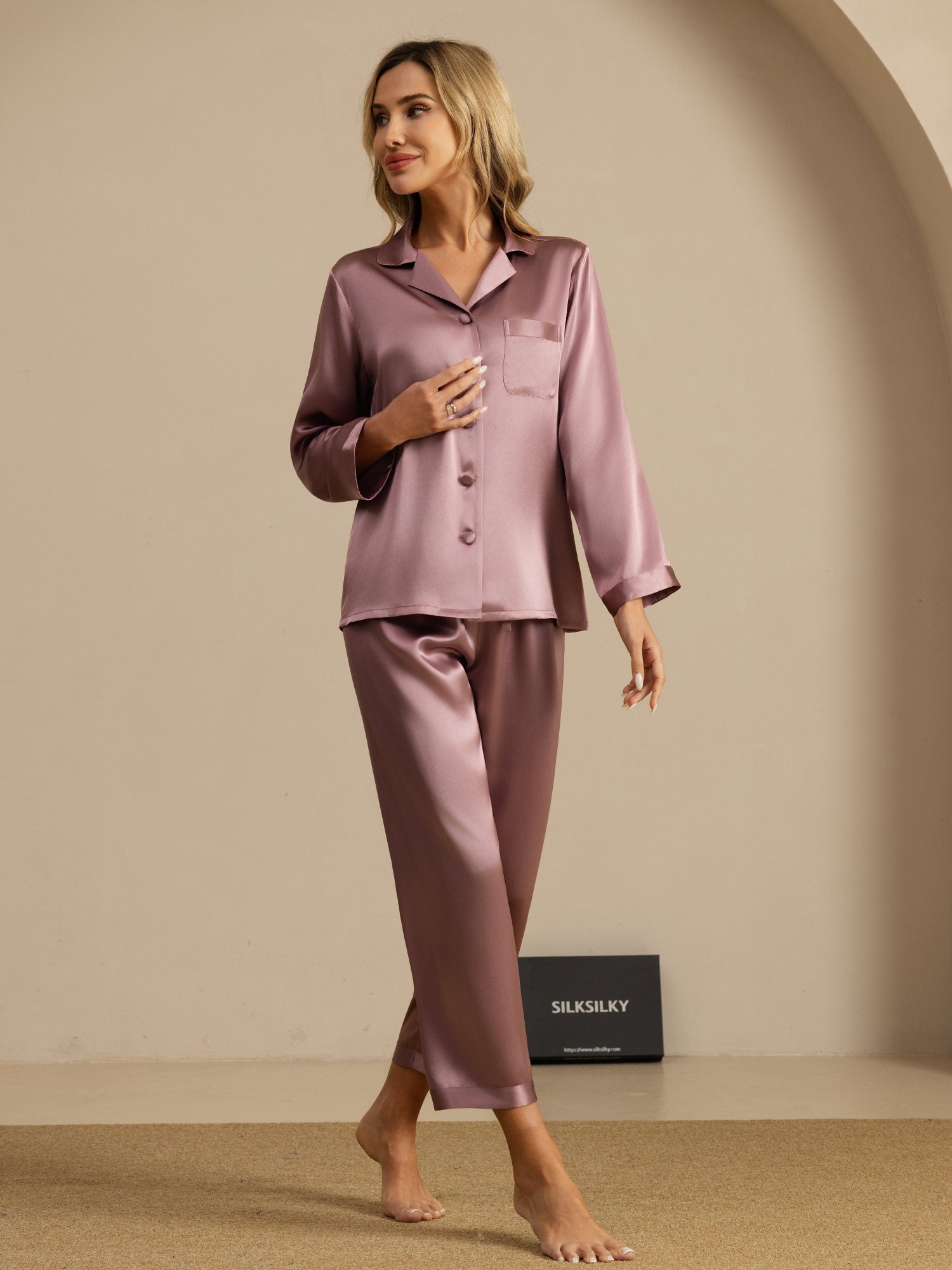 [Bleg Mauve] SilkSilky-DK Langærmet Notchkrage Dame Pyjamas 008