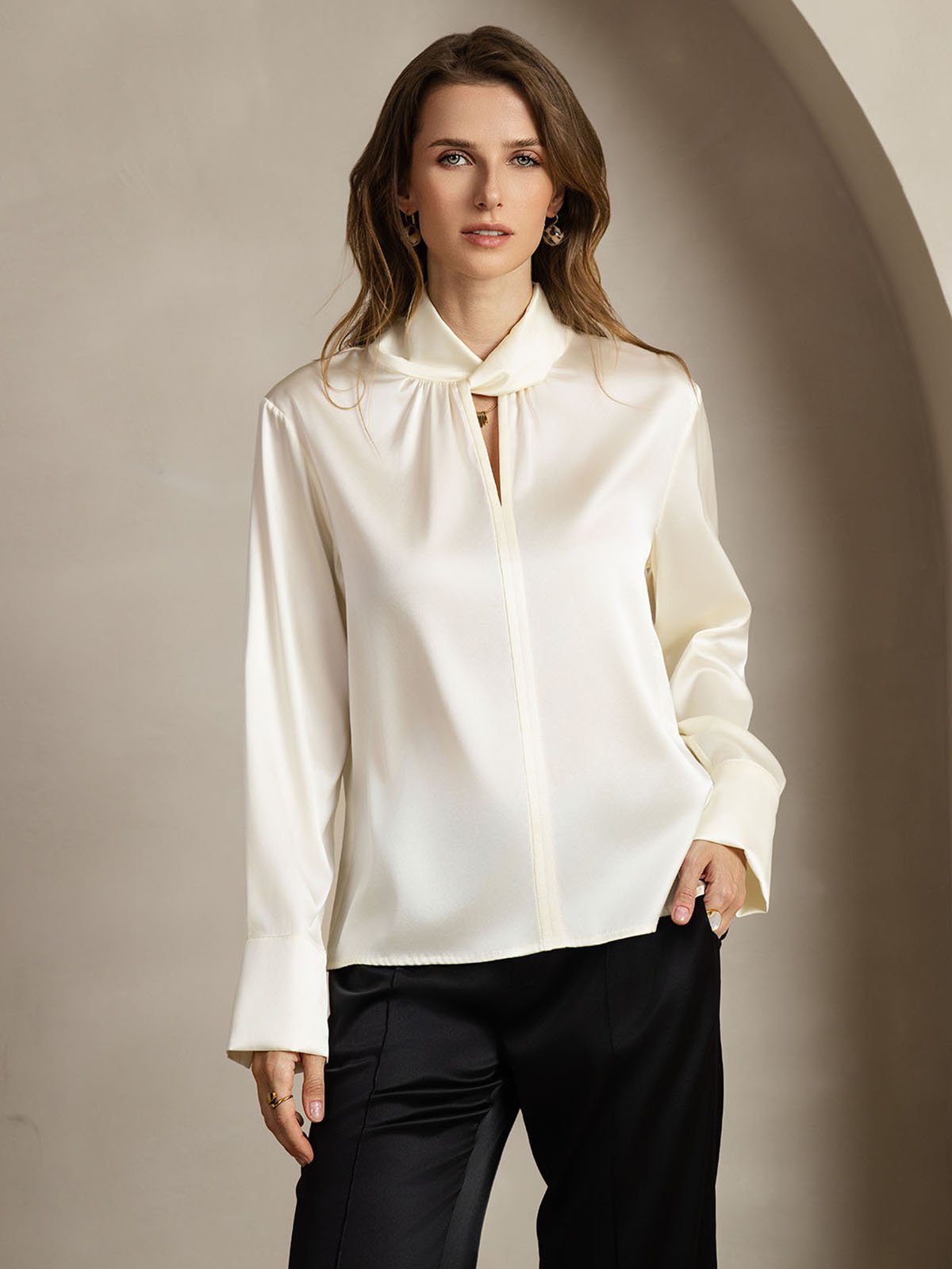 [Elfenben] SilkSilky-DK 19Momme Silke Womens Shirt 001