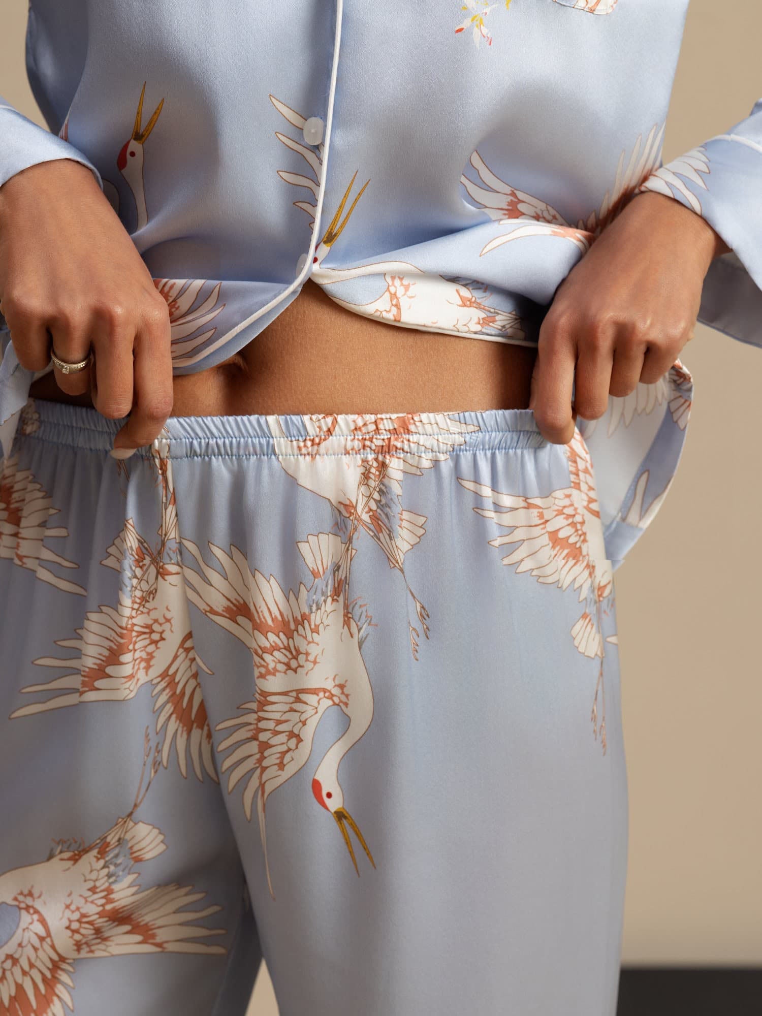 [Lyseblå] SilkSilky-DK 19Momme Langærmet Notchkrage Dame Pyjamas 007
