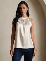 [Beige] SilkSilky-DK Sleeveless Halter T-shirt til kvinder 003