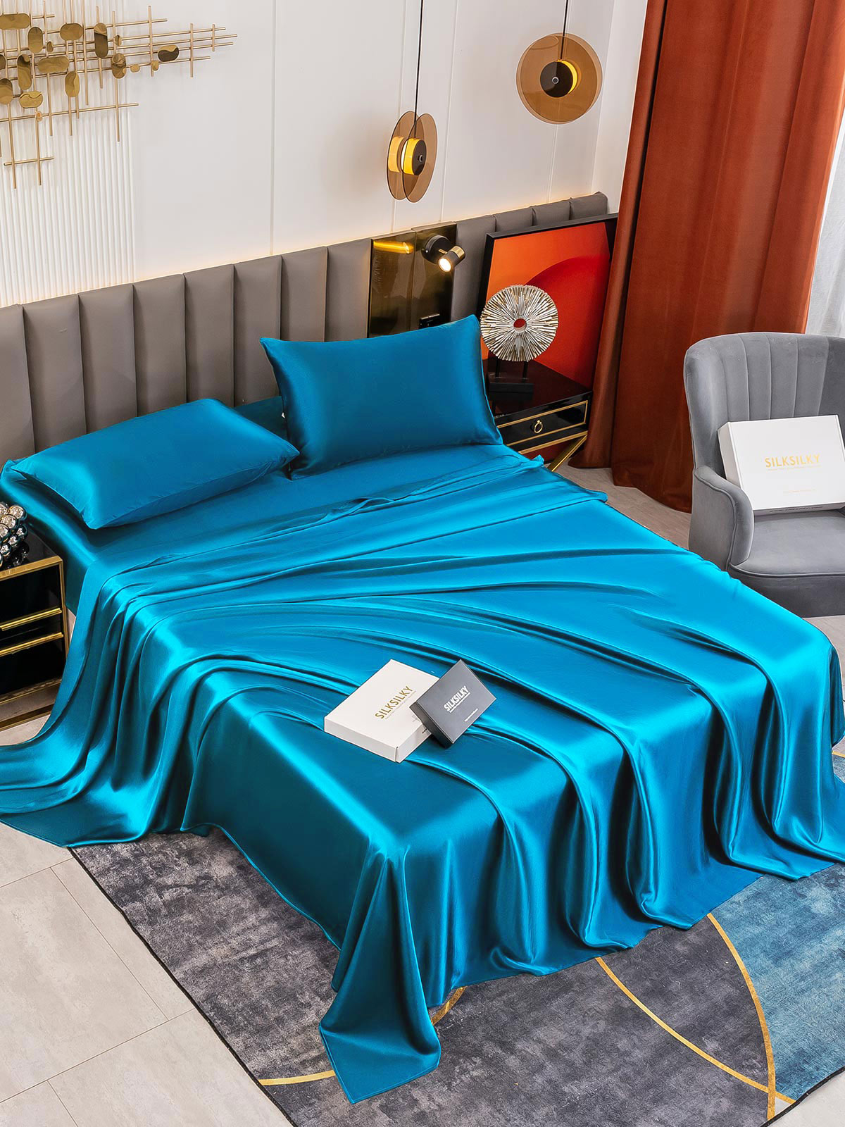 [Blågrøn] SilkSilky-DK 19Momme Bedding Set 003