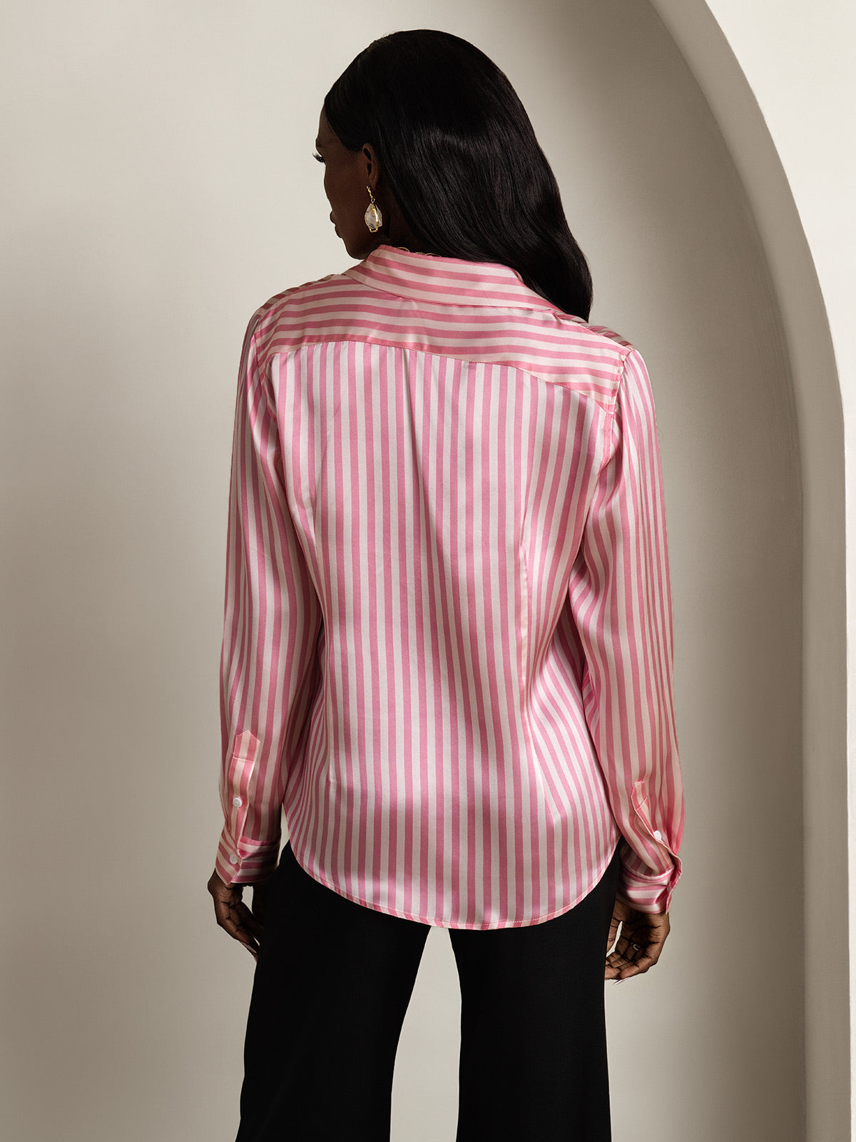 [Rosa Stribe] SilkSilky-DK Long Sleeve Lapel Collar Dameskjorte 002