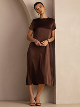 [Mørk Chokolade] SilkSilky-DK Short Sleeve Round Neck Kjole 003