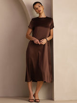 [Mørk Chokolade] SilkSilky-DK Short Sleeve Crew Neck Kjole 003