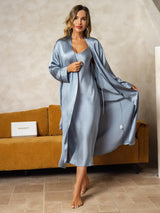 [Gråblå] SilkSilky-DK Long Sleeve V Neck Natkjole & Morgenkåbe Sæt 006