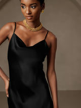 [Sort] SilkSilky-DK Spaghetti Rem Drapert halsutringning Kjole 007
