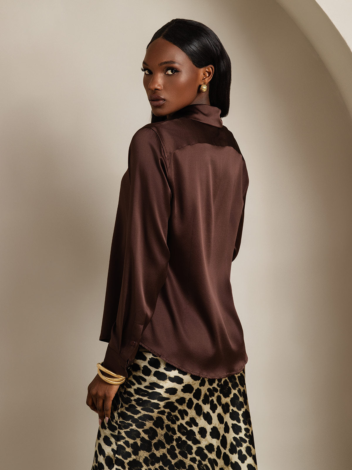 [Brun] SilkSilky-DK Silke Long Sleeve Collar Dameskjorte 002