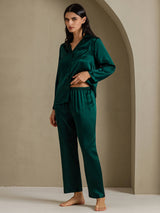 [Mørkegrøn] SilkSilky-DK Long Sleeve Lapel Collar Dame Pyjamas 007