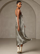 [Grågrøn] SilkSilky-DK Sleeveless V Neck Kjole 002