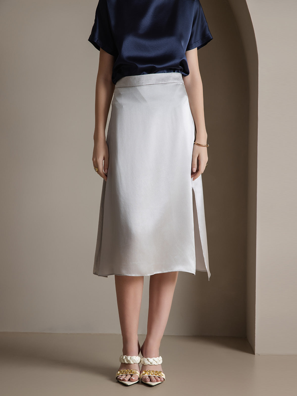[Lysegrå] SilkSilky-DK 19Momme Silke Skirt 005