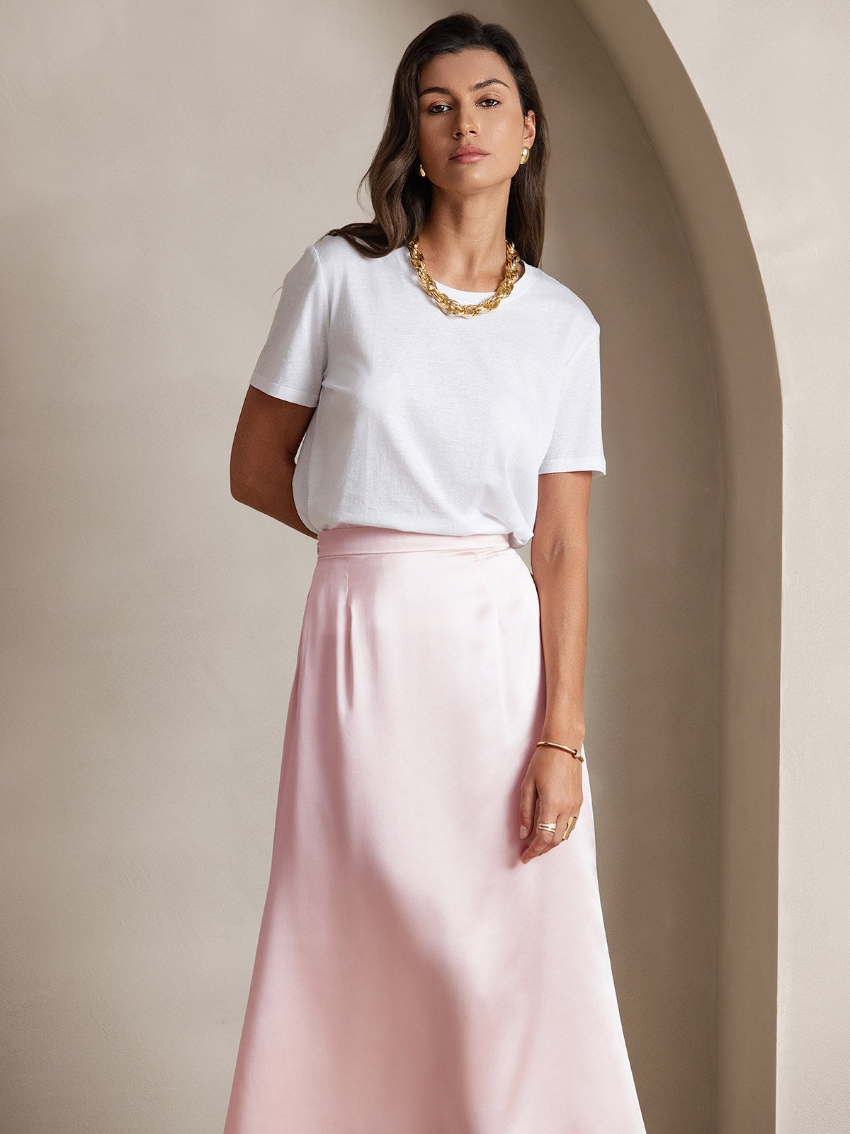 [Lyserød] SilkSilky-DK 19Momme Silke Skirt 004