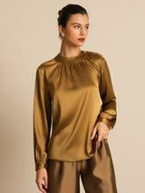 [Bronze] SilkSilky-DK 19Momme Langærmet Rund Hals Bluse 001
