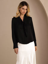 [Sort] SilkSilky-DK Long Sleeve Tie Neck Damebluser 001