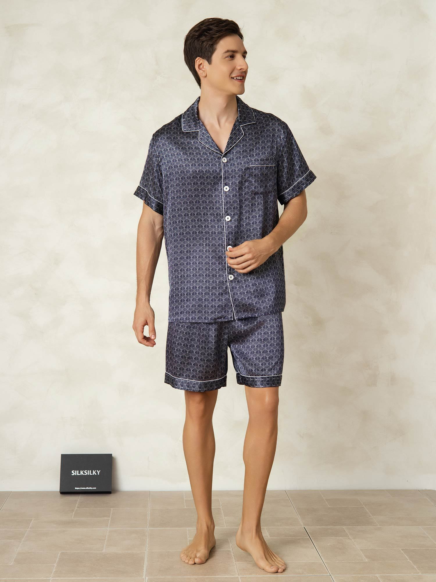 [MarineGinkgo] SilkSilky-DK Silke Lapel Collar Pyjamas til Mænd 006