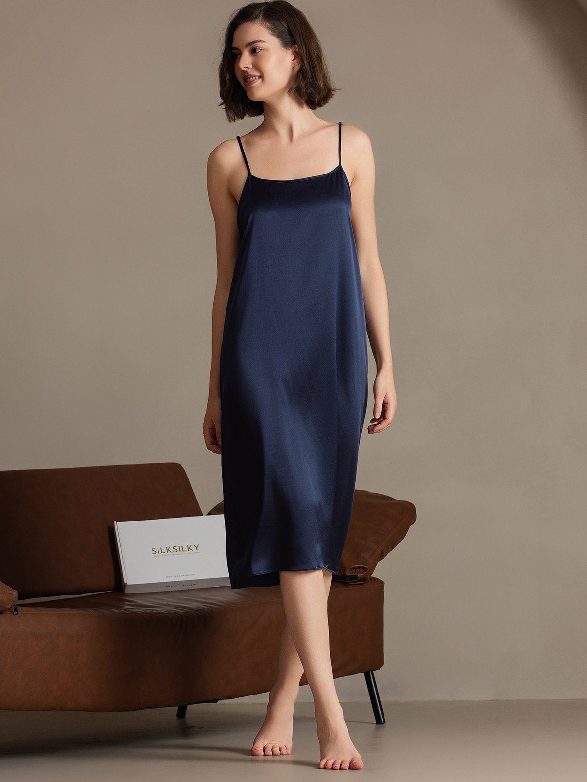 [Mørkeblå] SilkSilky-DK 19Momme Silke Sleeveless Dress 007