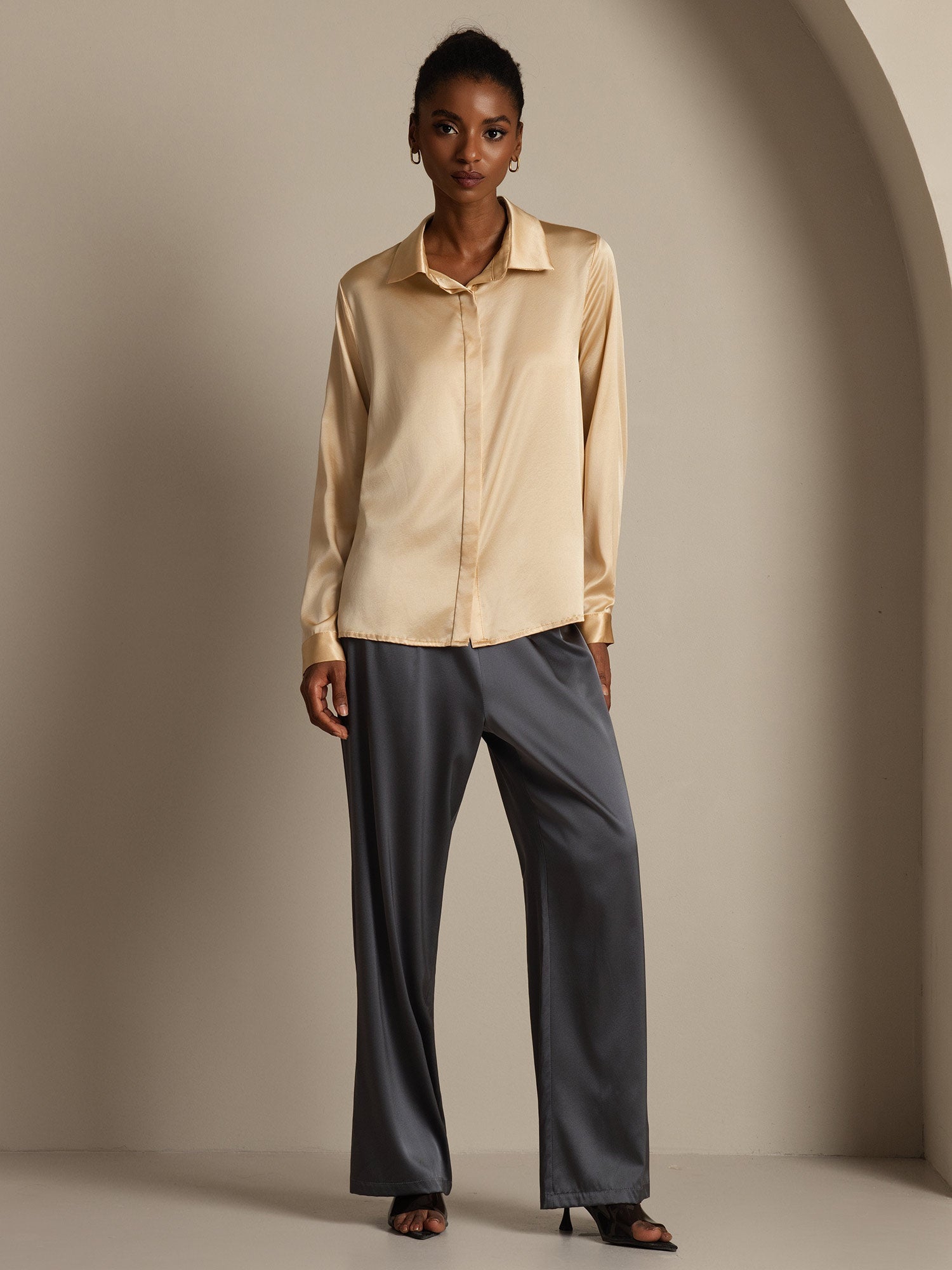 [Champagne] SilkSilky-DK 19Momme Silke Womens Shirt 008