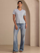 [Gråblå] SilkSilky-DK Short Sleeve V Neck T-shirt til kvinder 006