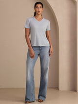 [Gråblå] SilkSilky-DK Short Sleeve V Neck T-shirt til kvinder 006