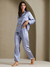 [Stål Blå] SilkSilky-DK Long Sleeve Lapel Collar Dame Pyjamas 007