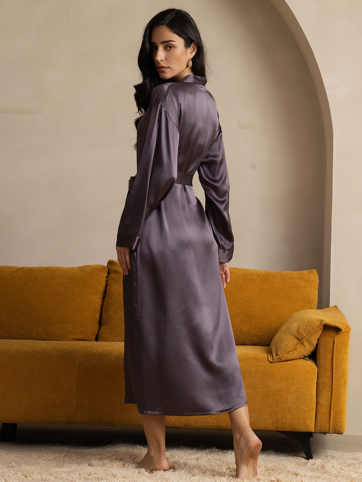 [Lilla Grå] SilkSilky-DK Long Sleeve Dame Morgenkåbe 002