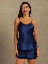 [Mørkeblå] SilkSilky-DK V Neck Camisole Sæt 003