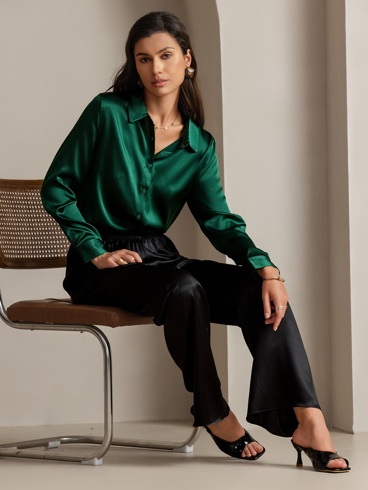 [Mørkegrøn] SilkSilky-DK Long Sleeve Lapel Collar Dameskjorte 001