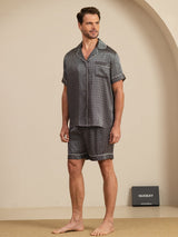 [Sort Ginkgo] SilkSilky-DK Short Sleeve Lapel Collar Pyjamas til Mænd 004