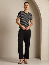 [Sort Stribe] SilkSilky-DK Short Sleeve Crew Neck T-shirt til kvinder 008