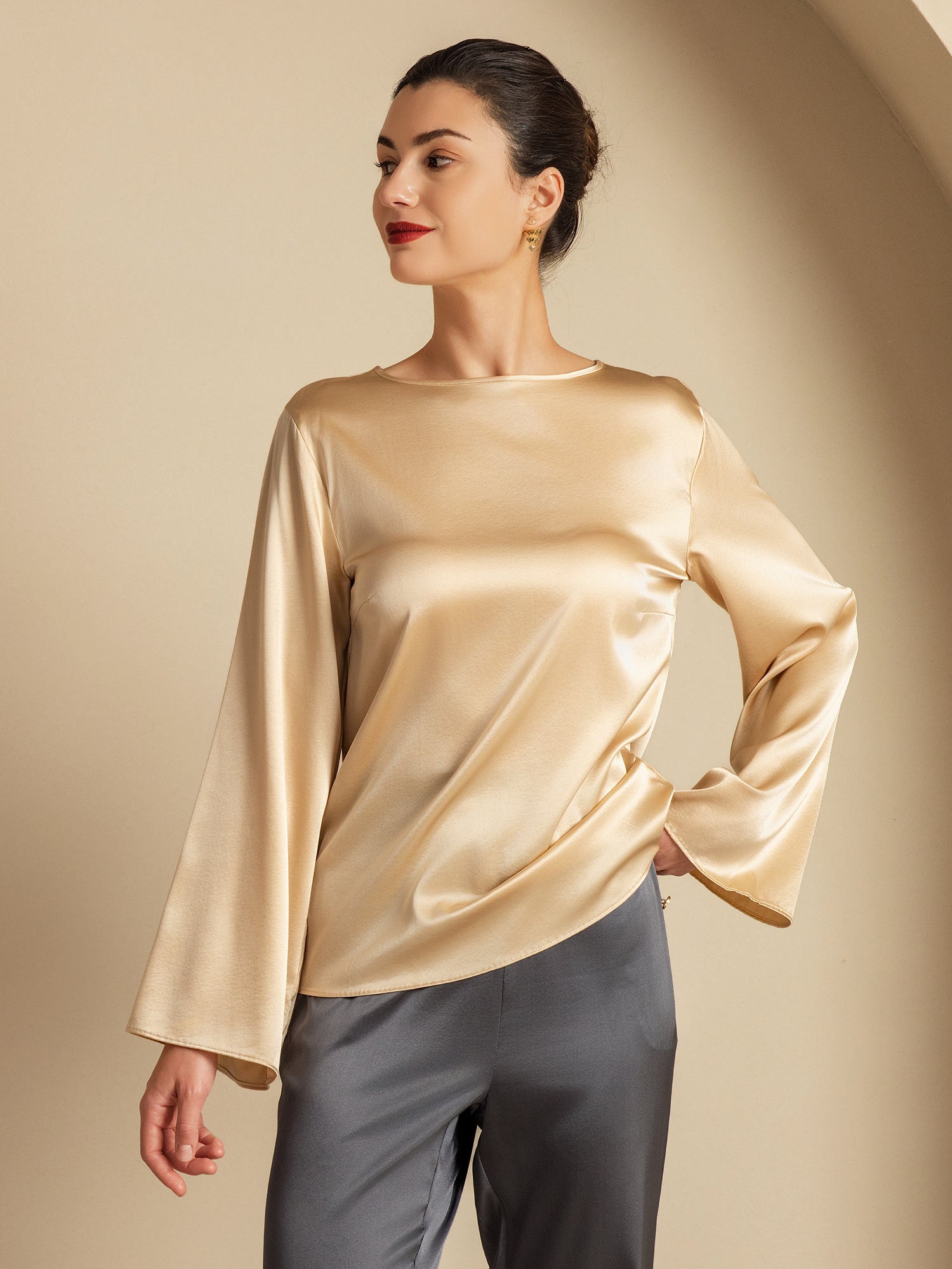 [Champagne] SilkSilky-DK 19Momme Silke Womens T-Shirt 005