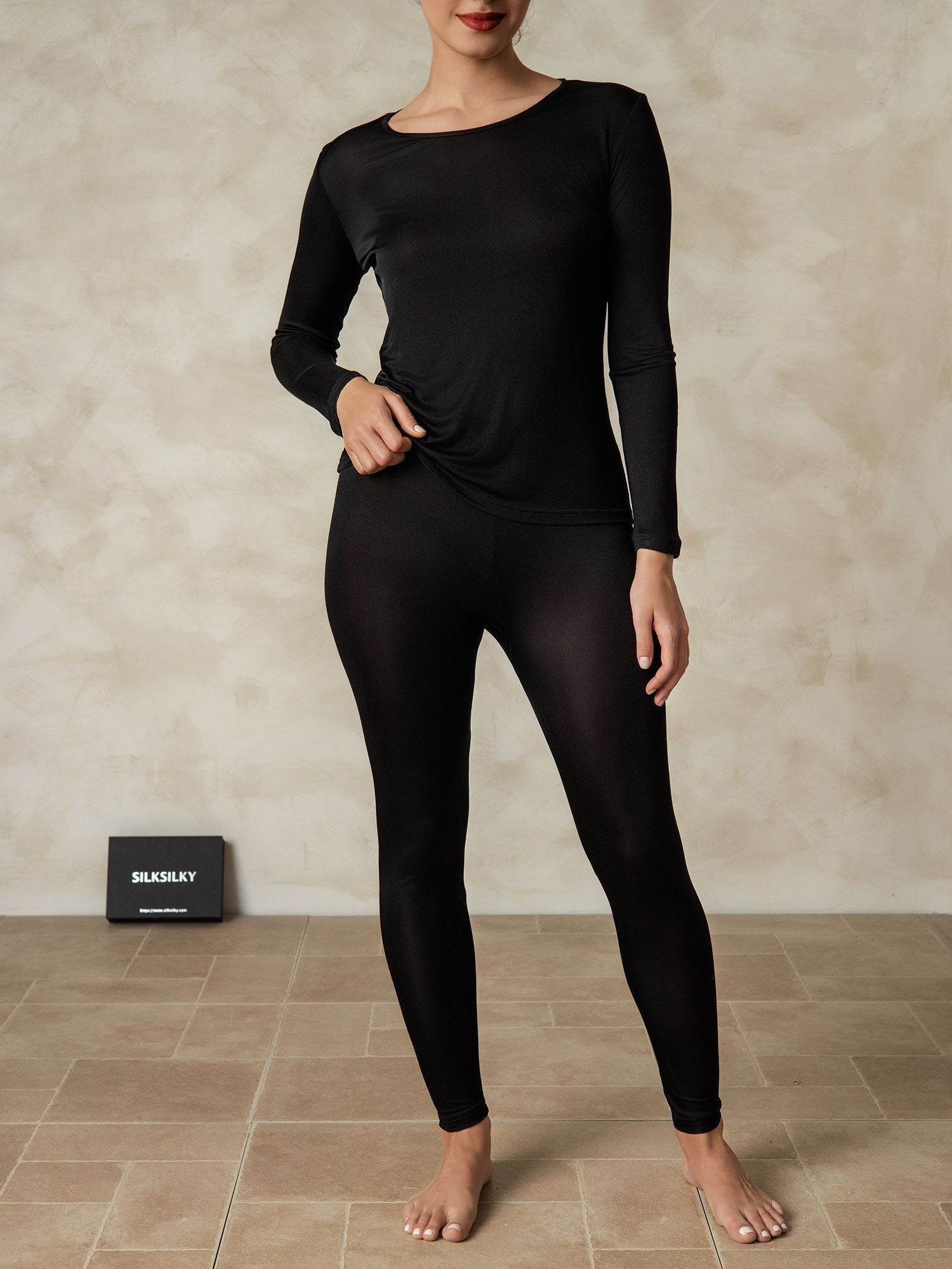 [Sort] SilkSilky-DK Long Sleeve Round Neck Dame Lange Underbukser 001