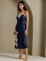 [Mørkeblå] SilkSilky-DK Sleeveless V Neck Natkjole 009