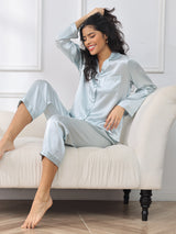 [Lyseblå] SilkSilky-DK Long Sleeve Lapel Collar Dame Pyjamas 001