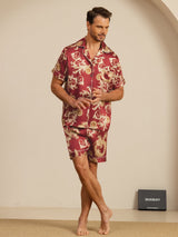 [Vinrød Drage] SilkSilky-DK Short Sleeve Notch Collar Pyjamas til Mænd 007
