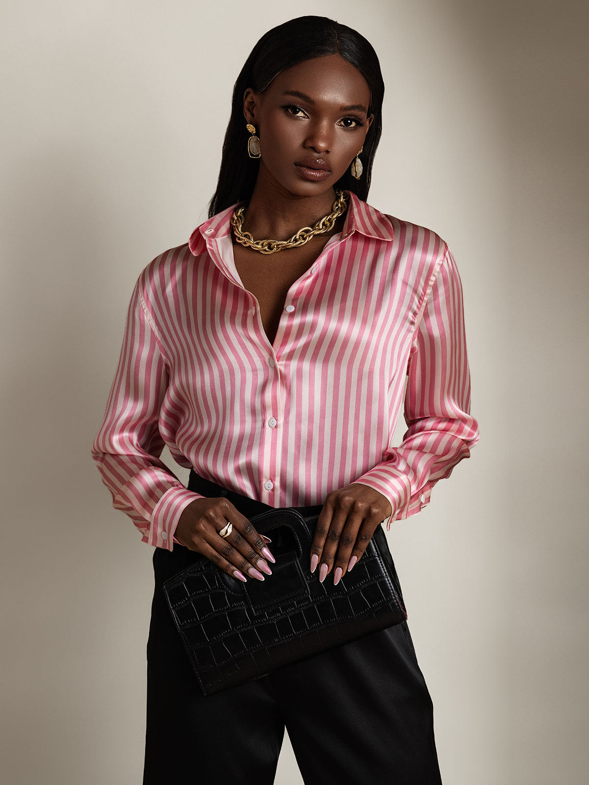 [Lyserød] SilkSilky-DK Silke Lapel Collar Dameskjorte 005