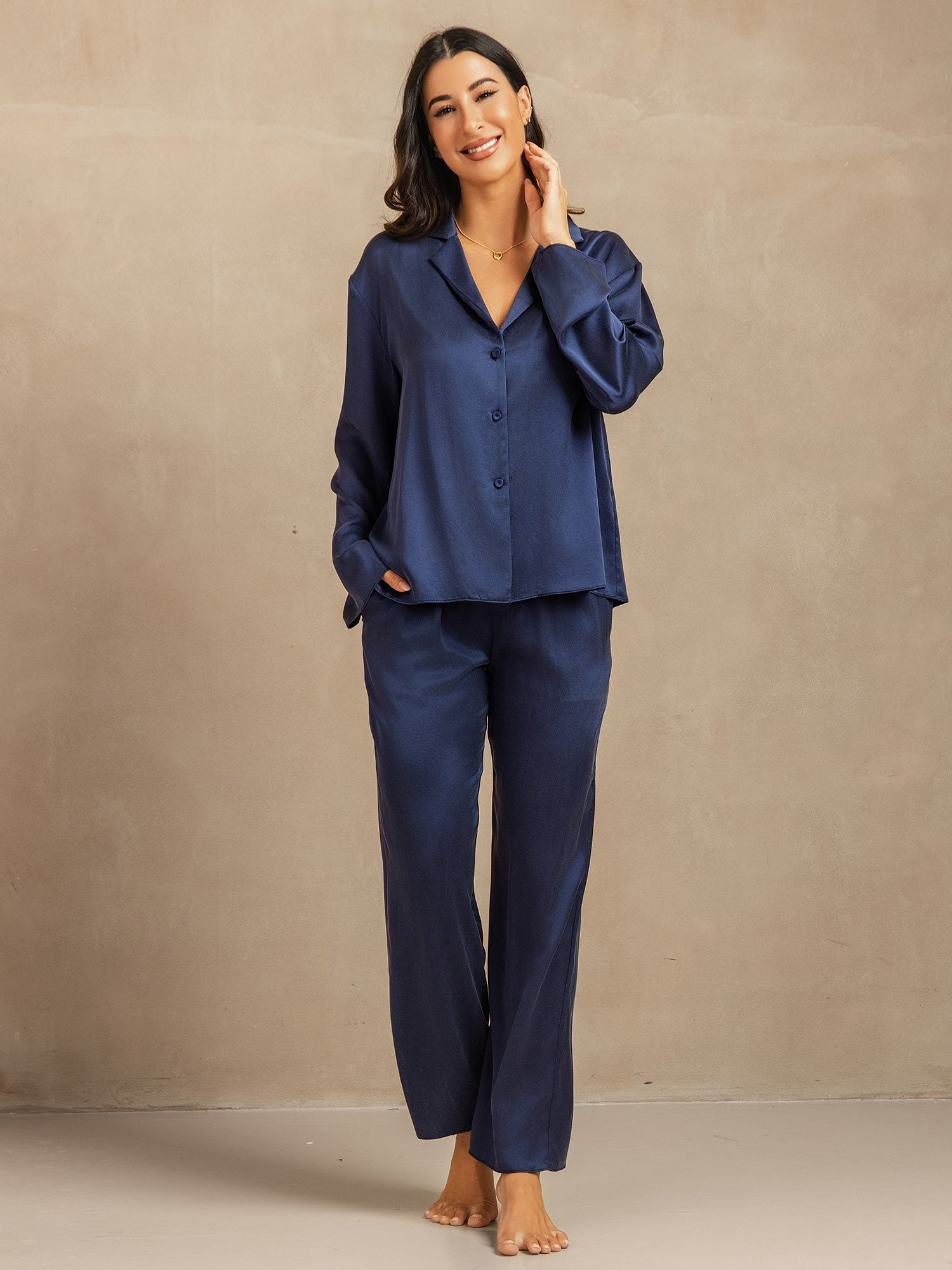 [Mørkeblå] SilkSilky-DK 19Momme Silke Womens Pajamas 003