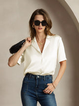 [Elfenben] SilkSilky-DK Short Sleeve Lapel Collar Dameskjorte 001