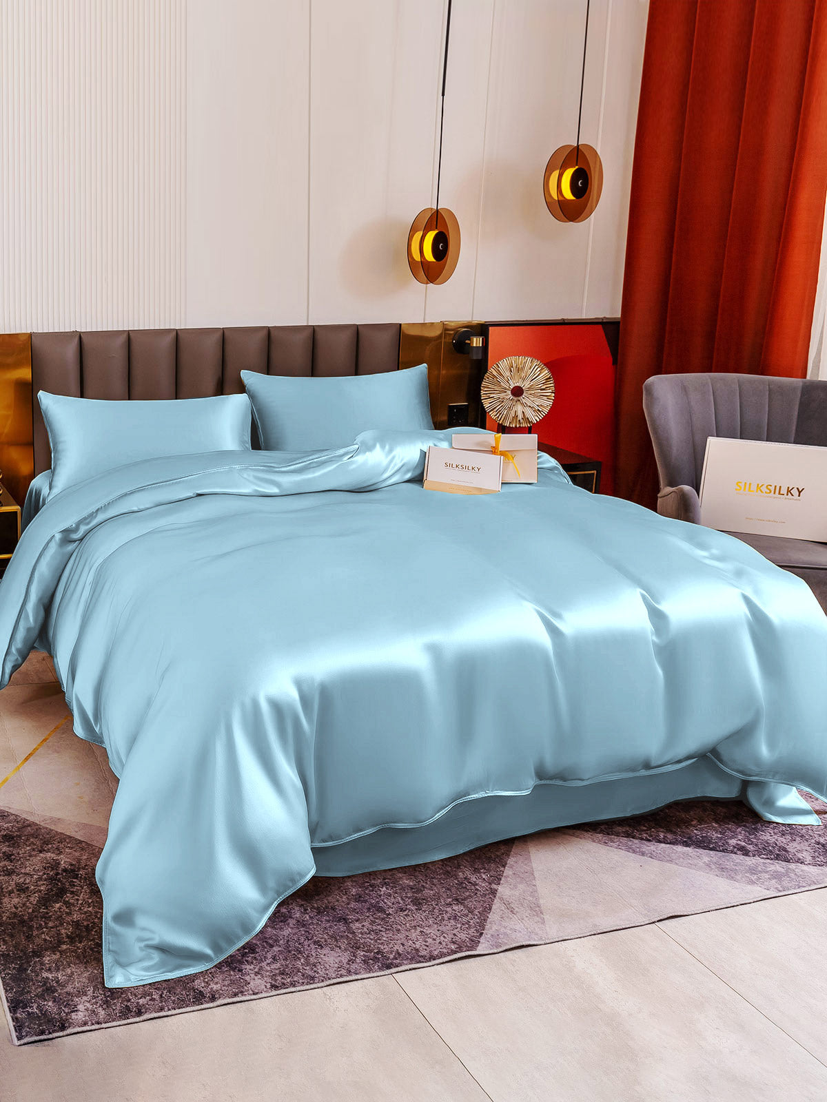 [Lyseblå] SilkSilky-DK 19Momme Bedding Set 004