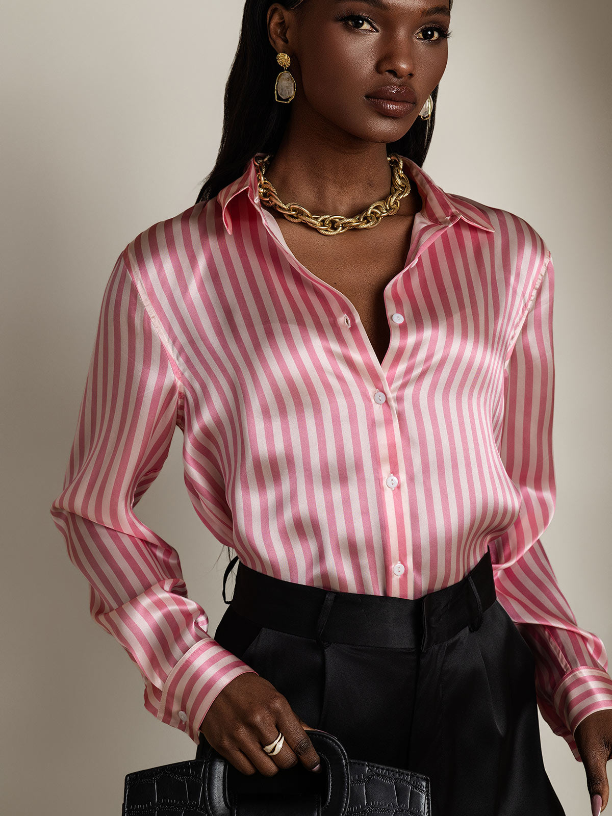 [Lyserød] SilkSilky-DK Silke Lapel Collar Dameskjorte 001