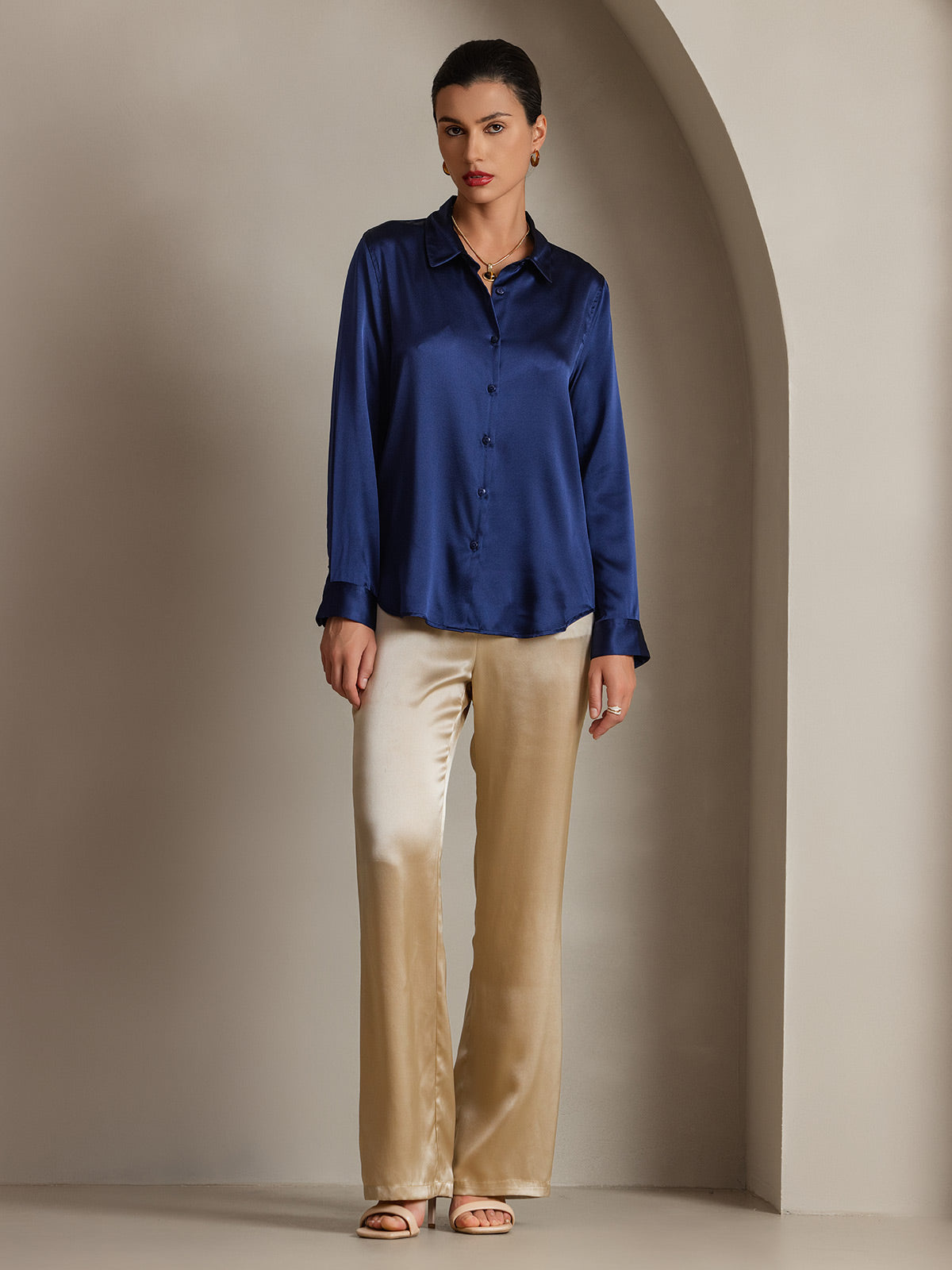 [Mørkeblå] SilkSilky-DK 19Momme Langærmet Reverskrave Dameskjorte 004