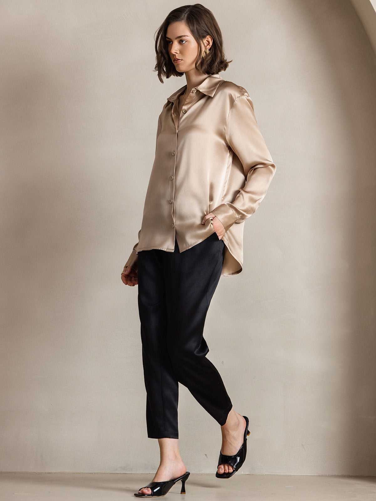 [Champagne] SilkSilky-DK Silke Long Sleeve Collar Dameskjorte 007