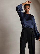 [Mørkeblå] SilkSilky-DK Long Sleeve Boat Neck Bluse 005