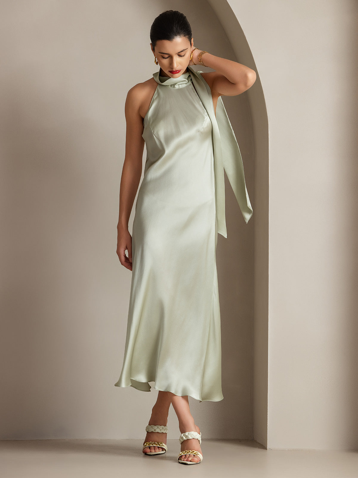 [Lysegrøn] SilkSilky-DK 19Momme Silke Dress 005