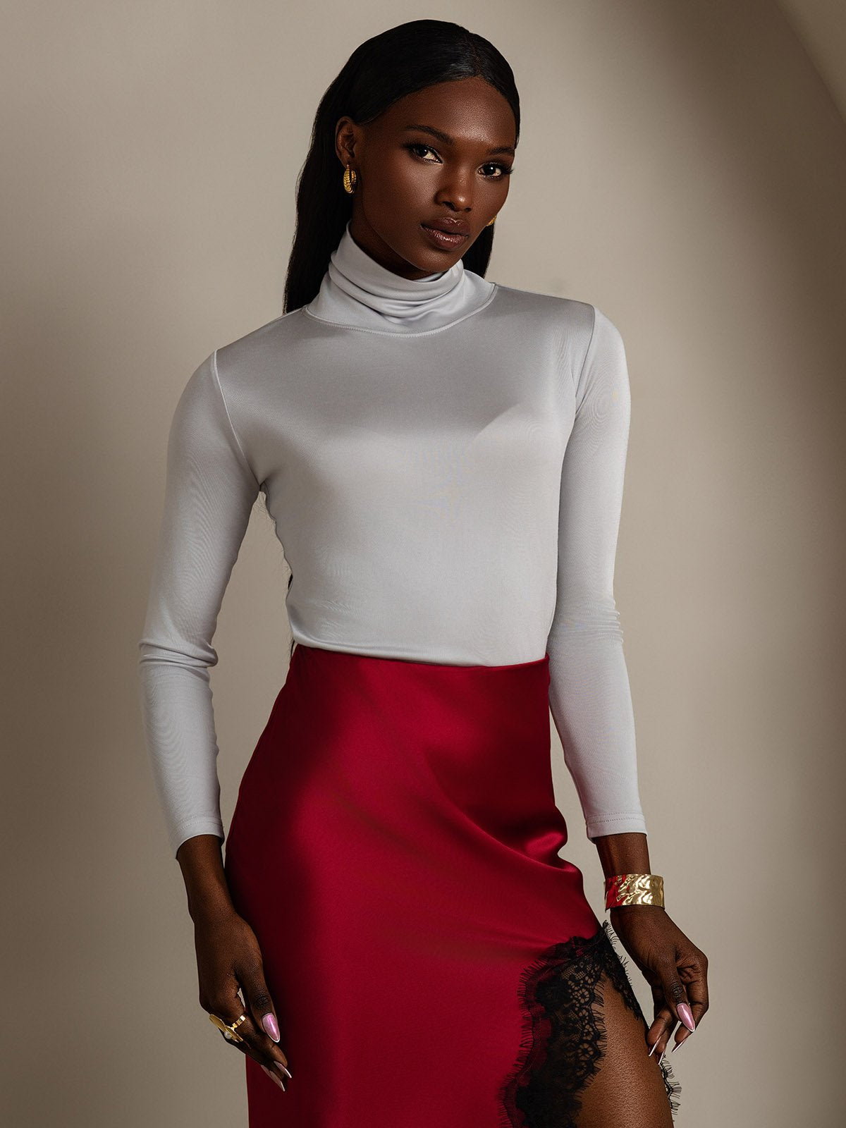 [Lysegrå] SilkSilky-DK Langærmet Rullekrave T-shirt til kvinder 001