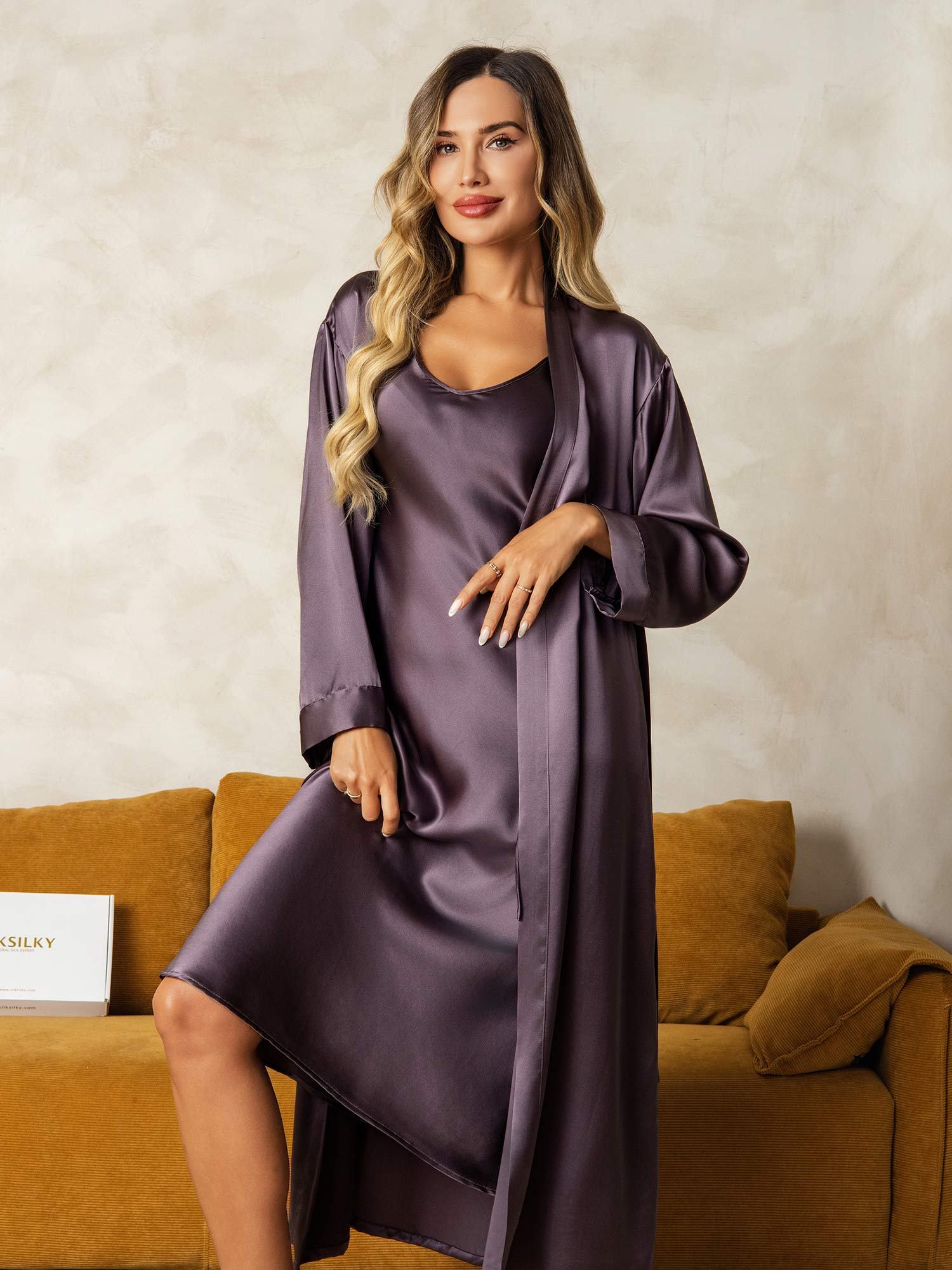 [Lilla Grå] SilkSilky-DK Silke Nightgown&Robe Set 003