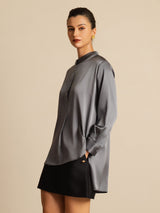 [Mørkegrå] SilkSilky-DK 19Momme Langærmet Ståkrave Bluse 006