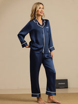 [Mørkeblå] SilkSilky-DK Langærmet Notchkrage Dame Pyjamas 007