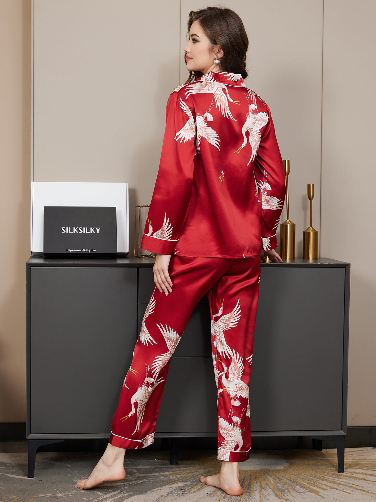 [Mørkerød] SilkSilky-DK 19Momme Langærmet Notchkrage Dame Pyjamas 006