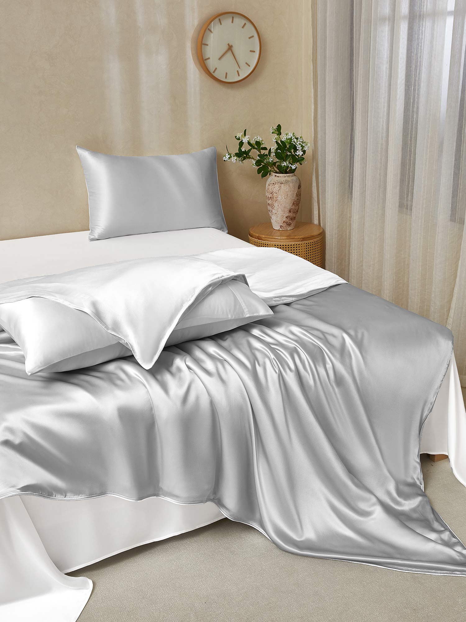 [Lysegrå+Hvid] SilkSilky-DK 19Momme Bedding Set 003,
