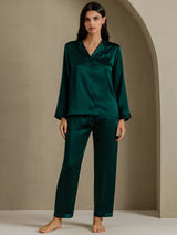 [Mørkegrøn] SilkSilky-DK Long Sleeve Lapel Collar Dame Pyjamas 006